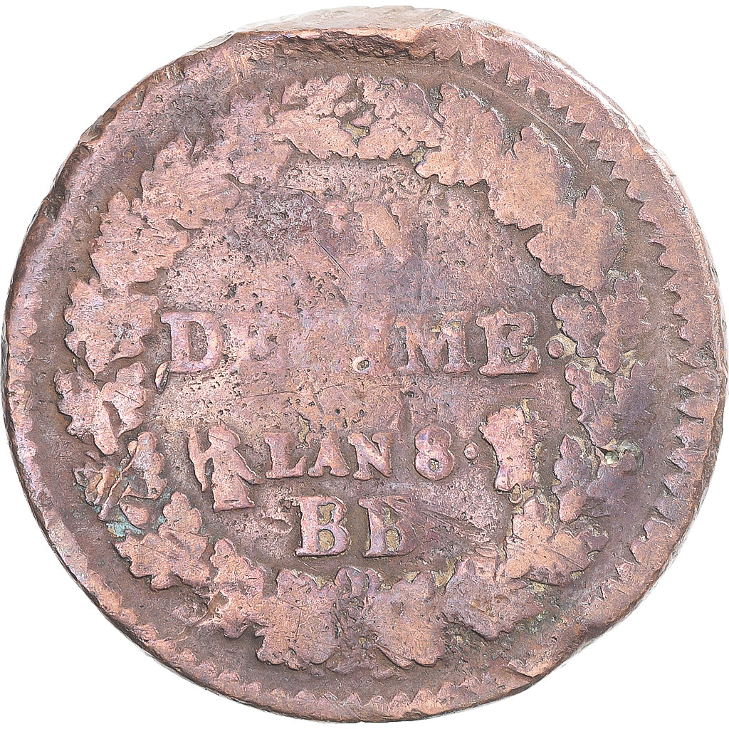 Coin, France, Dupré, Decime, AN 8, Strasbourg, VF(20-25), Copper, Gadoury:187a