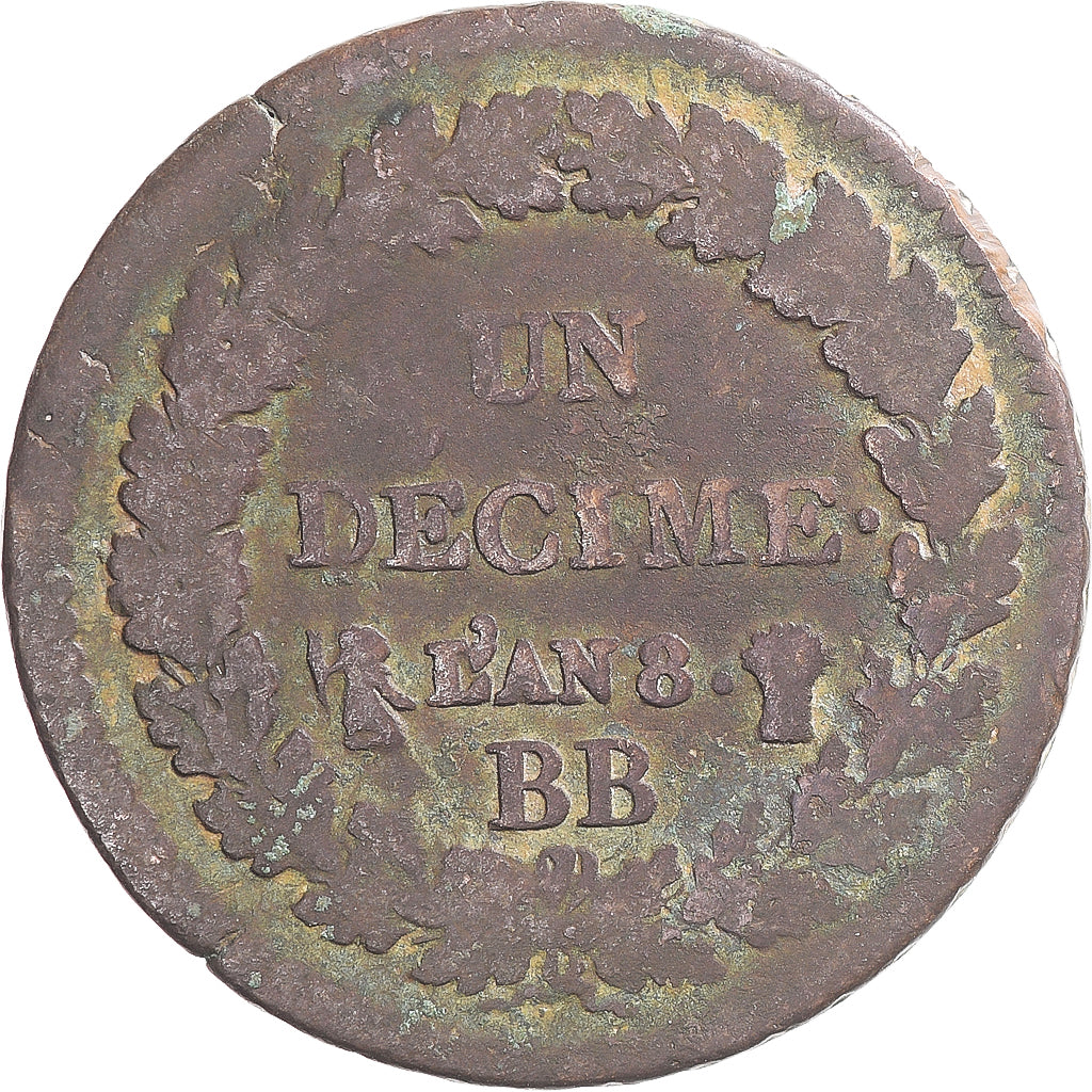 Coin, France, Dupré, Decime, AN 8, Strasbourg, VF(30-35), Copper, Gadoury:187a