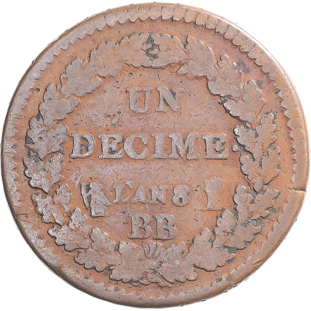 Coin, France, Dupré, Decime, AN 8, Strasbourg, VF(30-35), Copper, Gadoury:187a