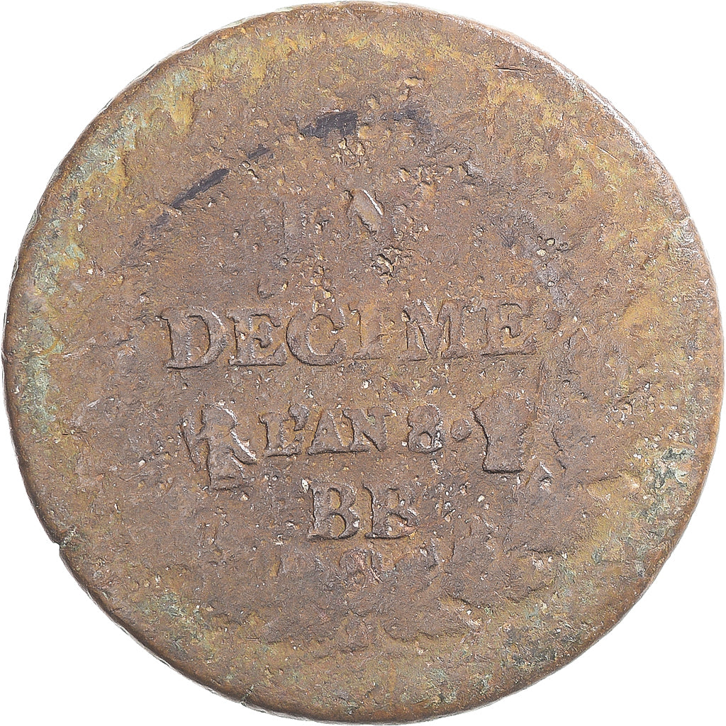 Coin, France, Dupré, Decime, AN 8, Strasbourg, F(12-15), Copper, Gadoury:187a