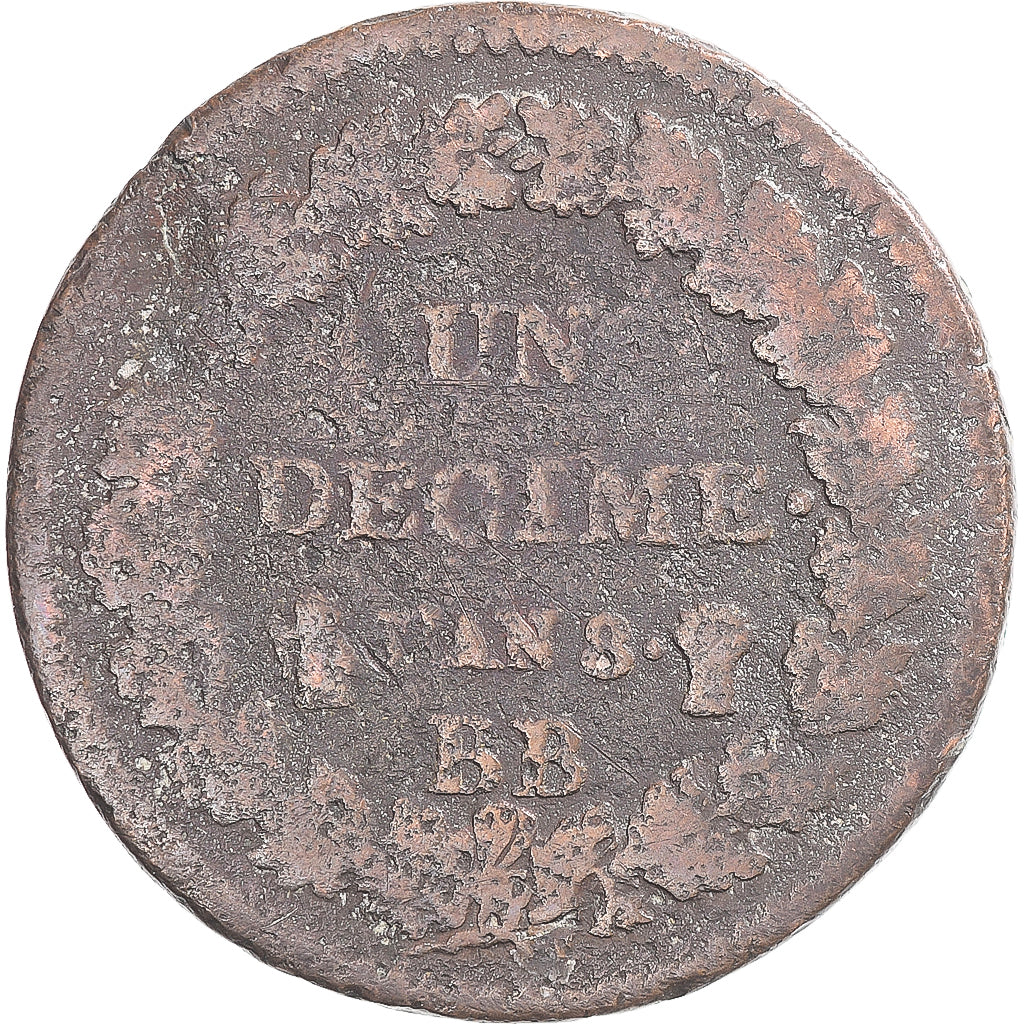 Coin, France, Dupré, Decime, AN 8, Strasbourg, F(12-15), Copper, Gadoury:187a