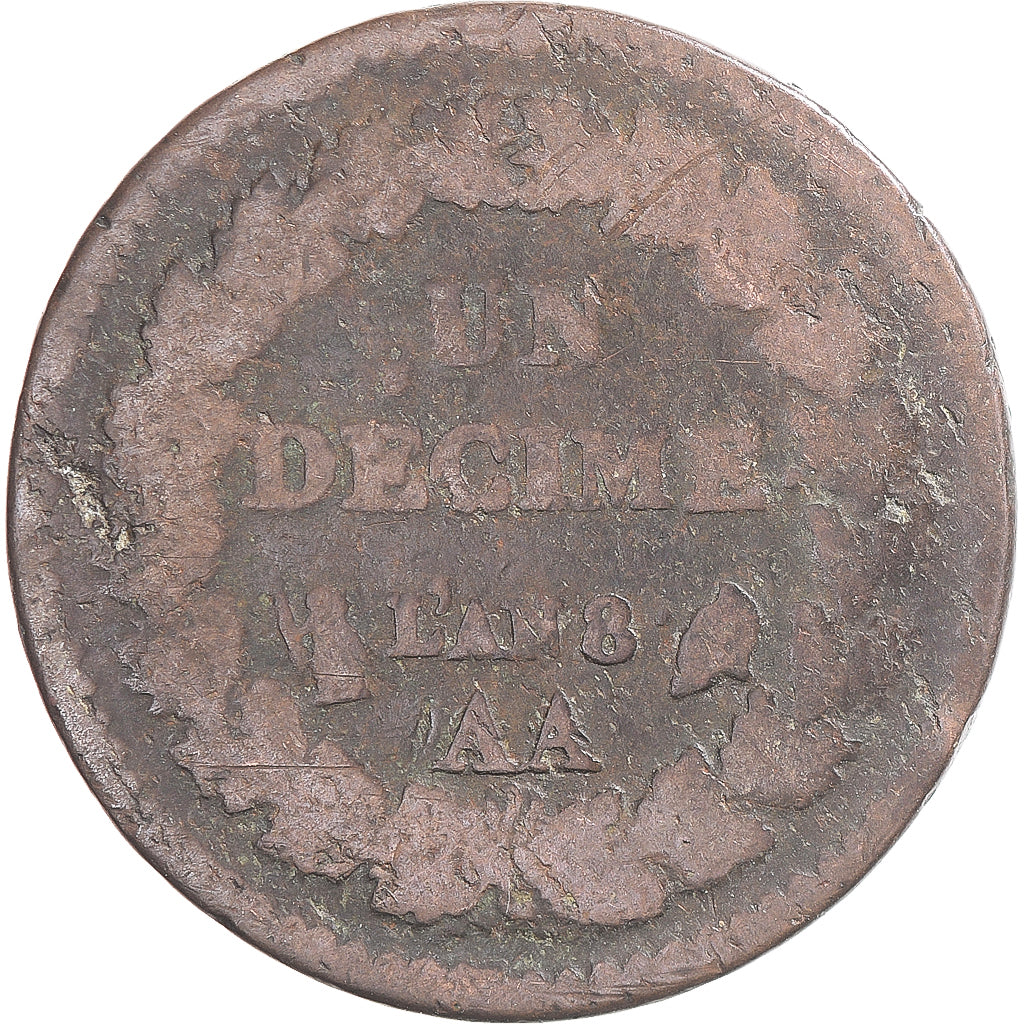 Coin, France, Dupré, Decime, AN 8, Metz, F(12-15), Copper, Gadoury:187a