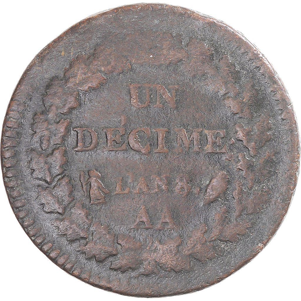 Coin, France, Dupré, Decime, AN 8, Metz, VF(30-35), Copper, Gadoury:187a