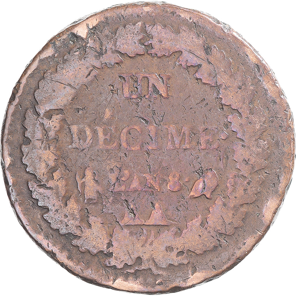 Coin, France, Dupré, Decime, AN 8, Metz, VF(20-25), Copper, Gadoury:187a