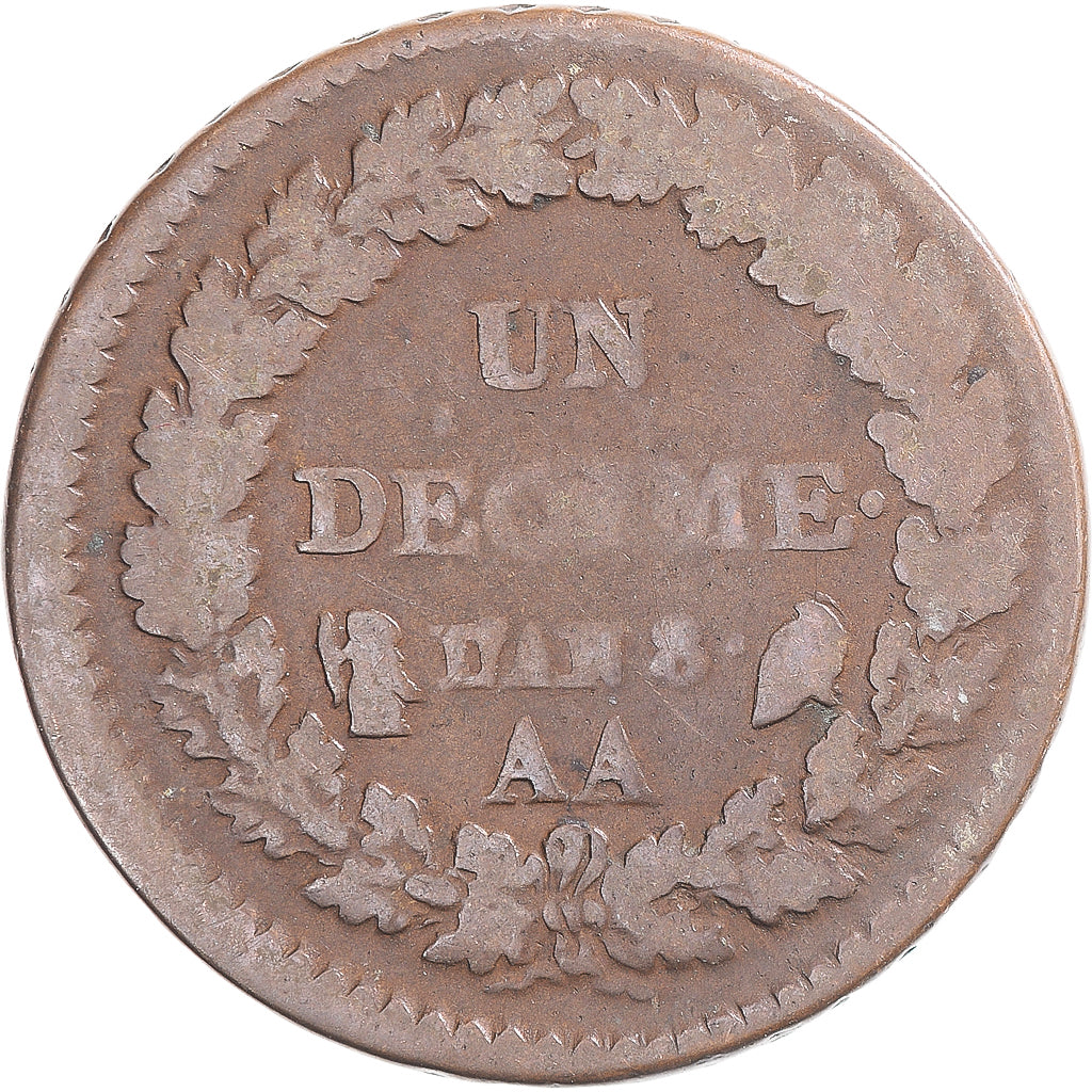 Coin, France, Dupré, Decime, AN 8, Metz, VF(20-25), Copper, Gadoury:187a