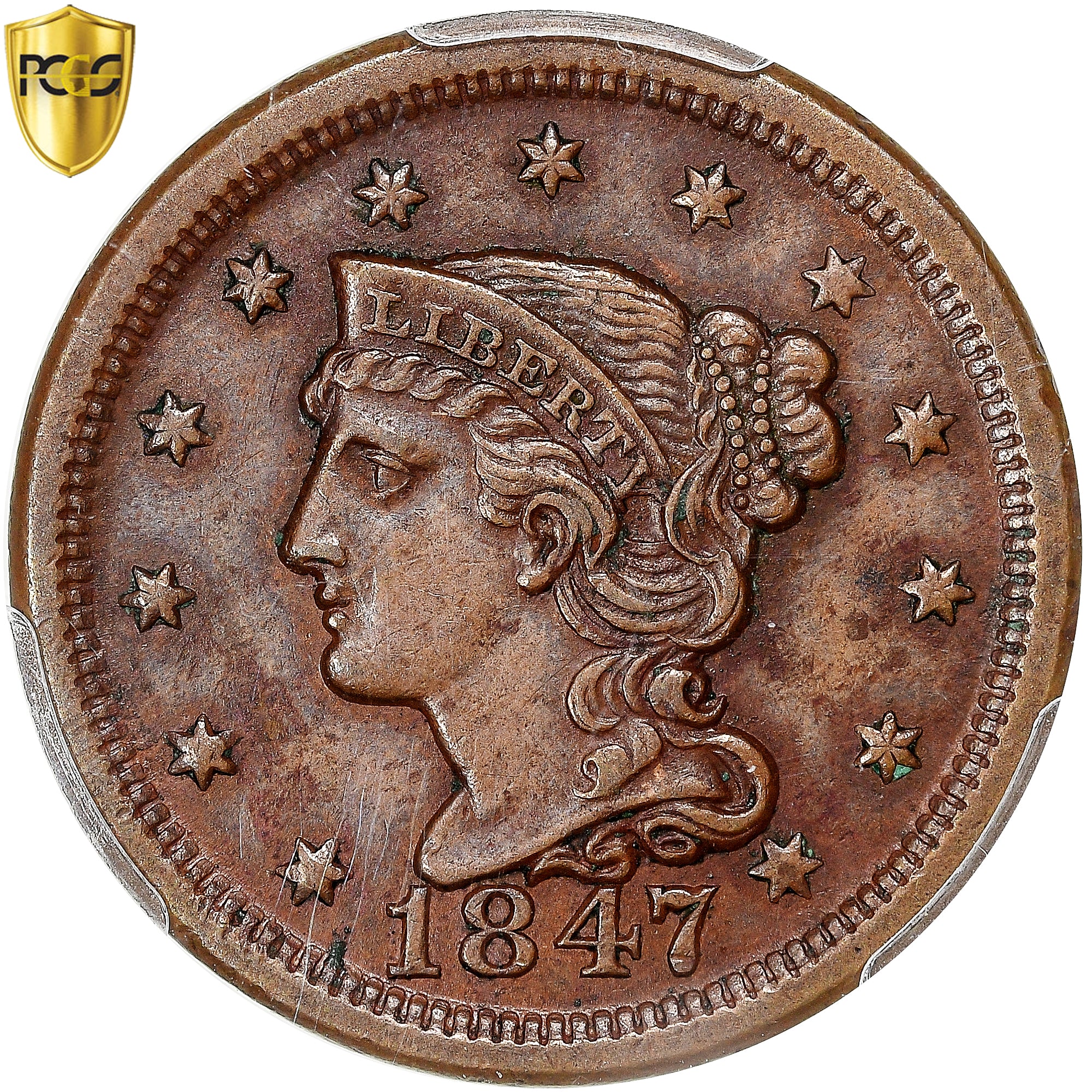 Moneta, USA, Braided Hair Cent, 1847, U.S. Mint, Philadelphia, PCGS, AU55