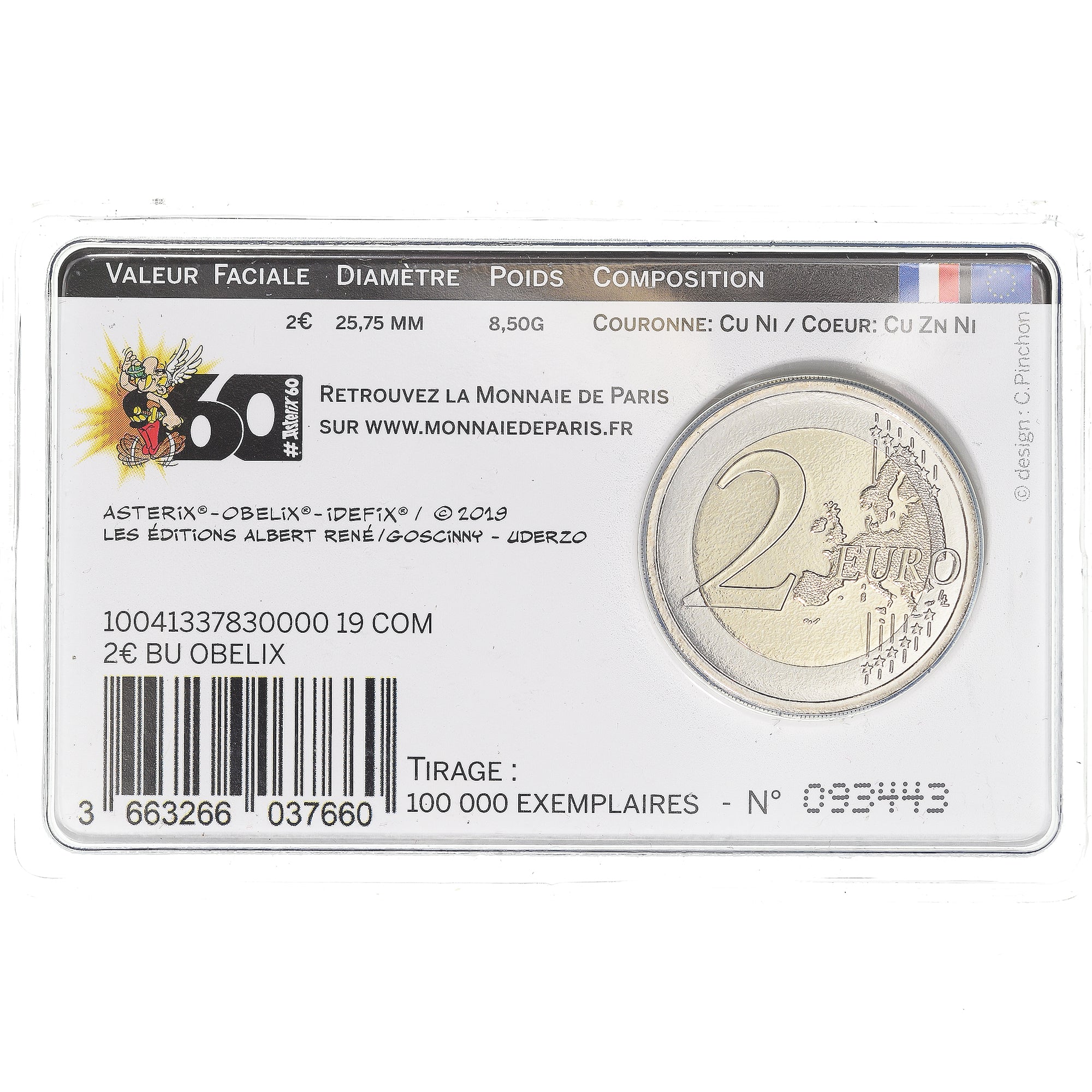 France, 2 Euro, 60 ans d'Astérix, 2019, Monnaie de Paris, BU, MS(65-70)