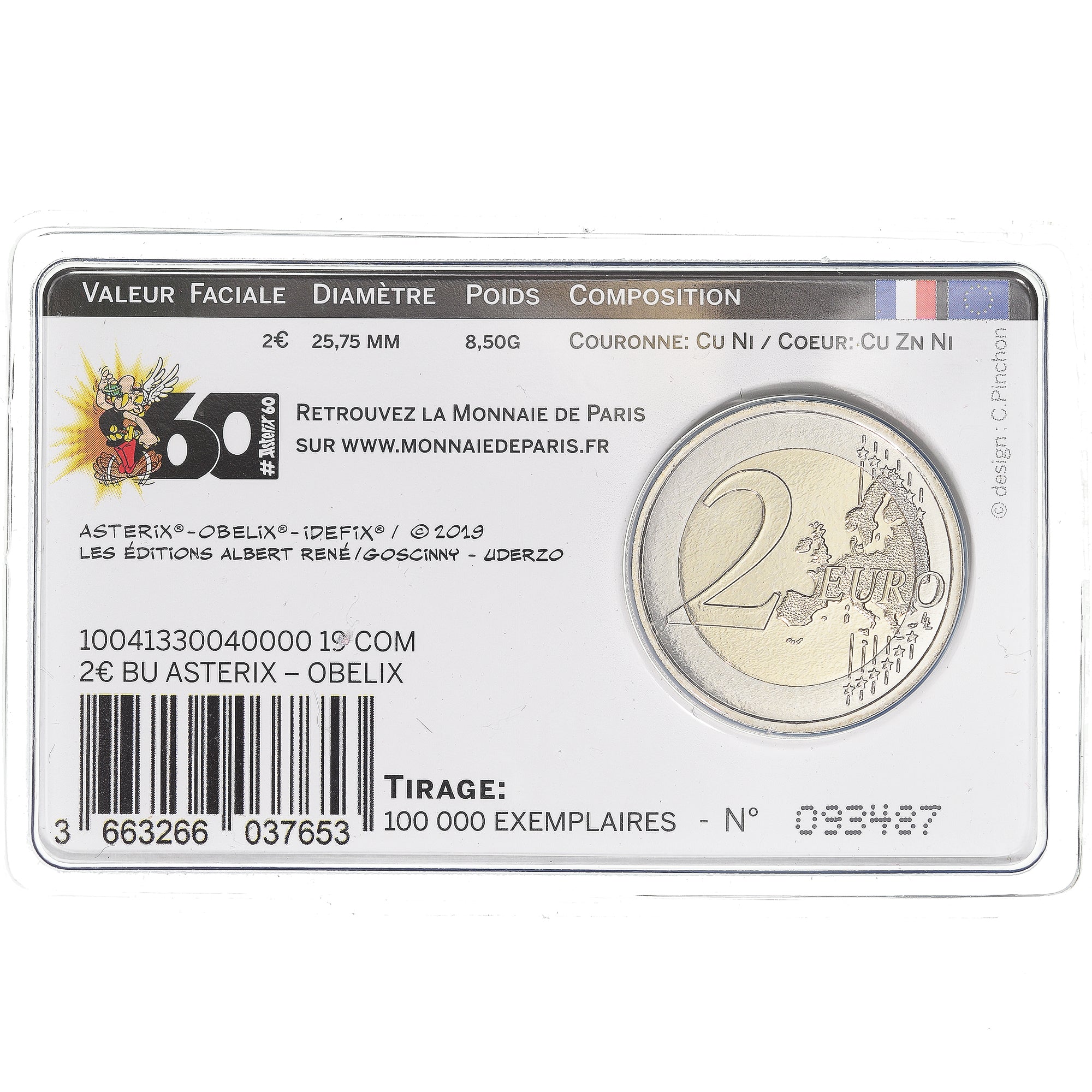 France, 2 Euro, 60 ans d'Astérix, 2019, Monnaie de Paris, BU, MS(65-70)