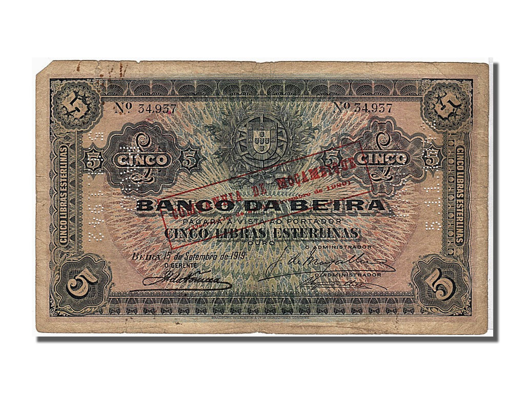 Banknote, Mozambique, 5 Libras, 1919, KM:R21, VF(20-25)