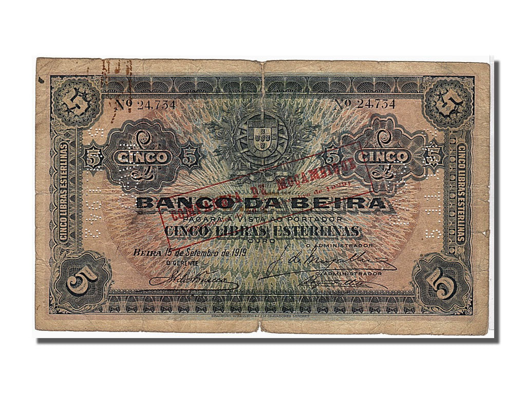 Banknote, Mozambique, 5 Libras, 1919, KM:R21, VF(20-25)