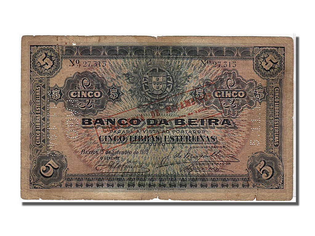 Banconote, Mozambico, 5 Libras, 1919, MB