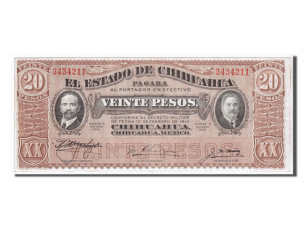 Banknote, Mexico - Revolutionary, 20 Pesos, 1914, AU(55-58)
