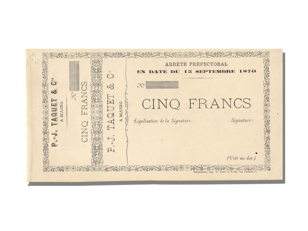 Banconote, FDS, 5 Francs, 1870, Francia