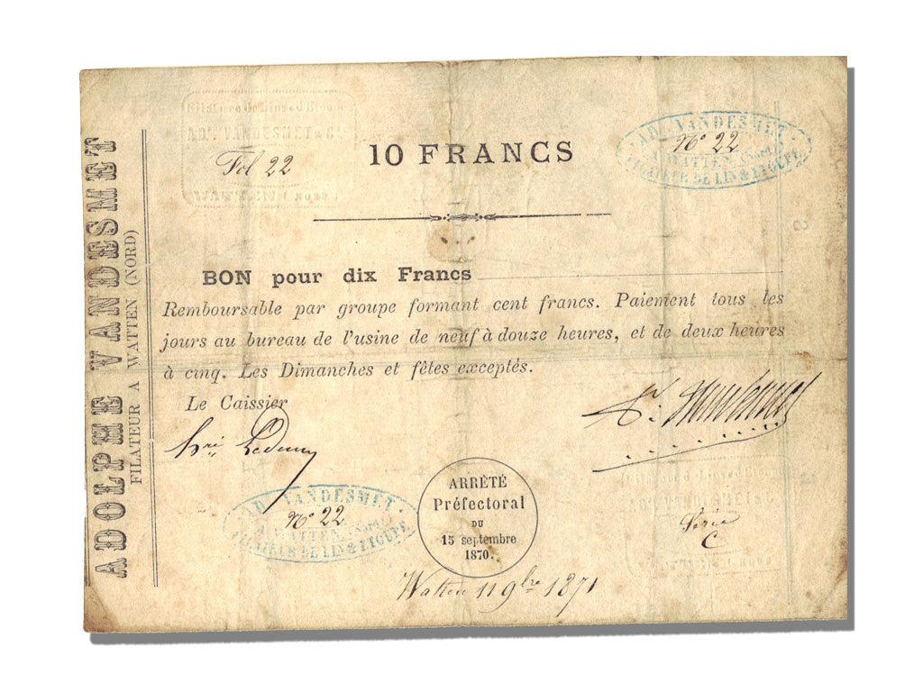 Banconote, BB+, 10 Francs, 1870, Francia