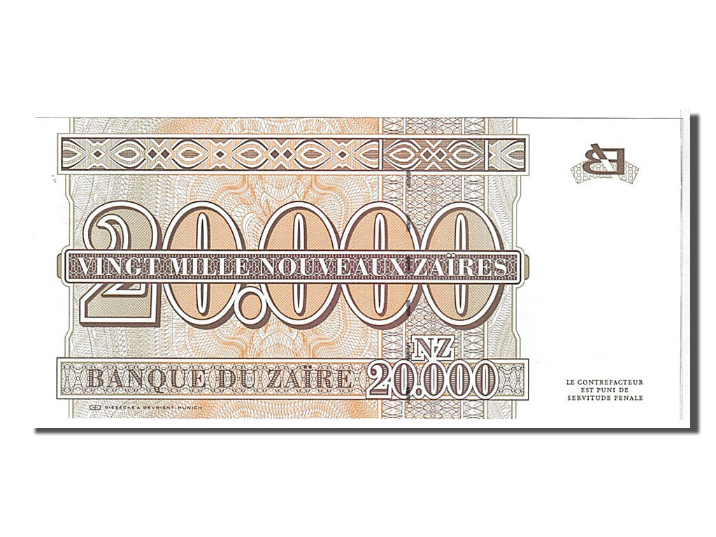 Banknote, Zaire, 20,000 Nouveaux Zaïres, 1996, KM:72a, UNC(65-70)