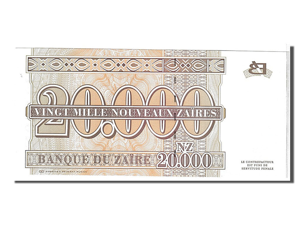 Banknote, Zaire, 20,000 Nouveaux Zaïres, 1996, KM:72a, UNC(65-70)
