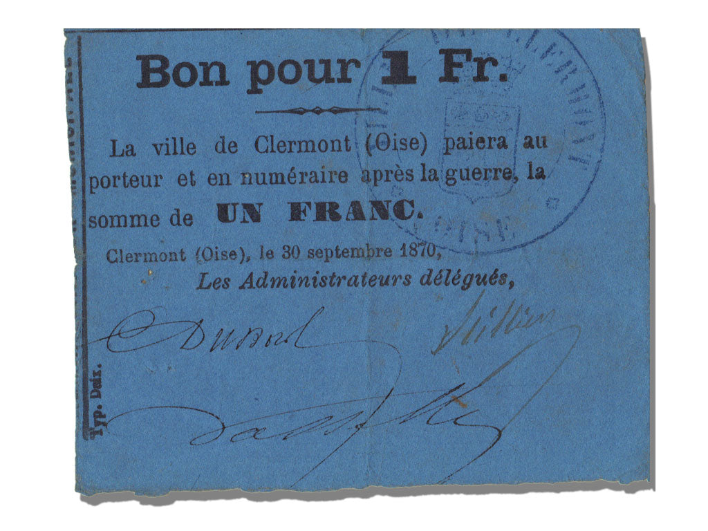 FRANCE, Clermont, 1 Franc, 1870, 1870-09-30, AU(55-58), Jérémie #60.03.A