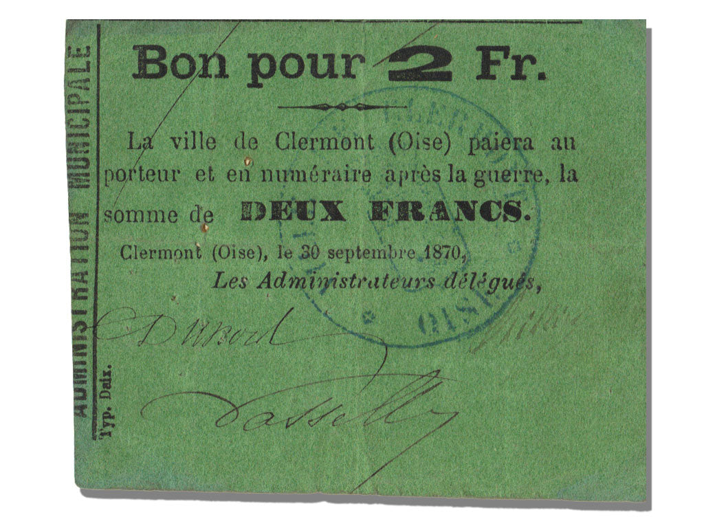 FRANCE, Clermont, 2 Francs, 1870, 1870-09-30, AU(55-58), Jérémie #60.03.D