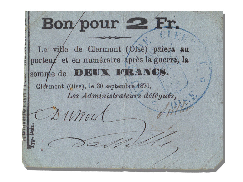 FRANCE, Clermont, 2 Francs, 1870, 1870-09-30, AU(50-53), Jérémie #60.03.E