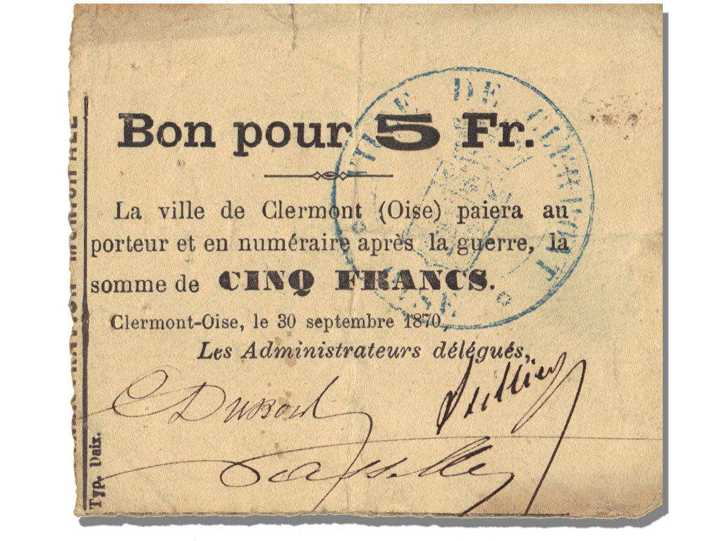 FRANCE, Clermont, 5 Francs, 1870, 1870-09-30, EF(40-45), Jérémie #60.03.F