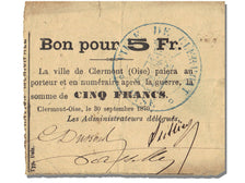 FRANCE, Clermont, 5 Francs, 1870, 1870-09-30, EF(40-45), Jérémie #60.03.F