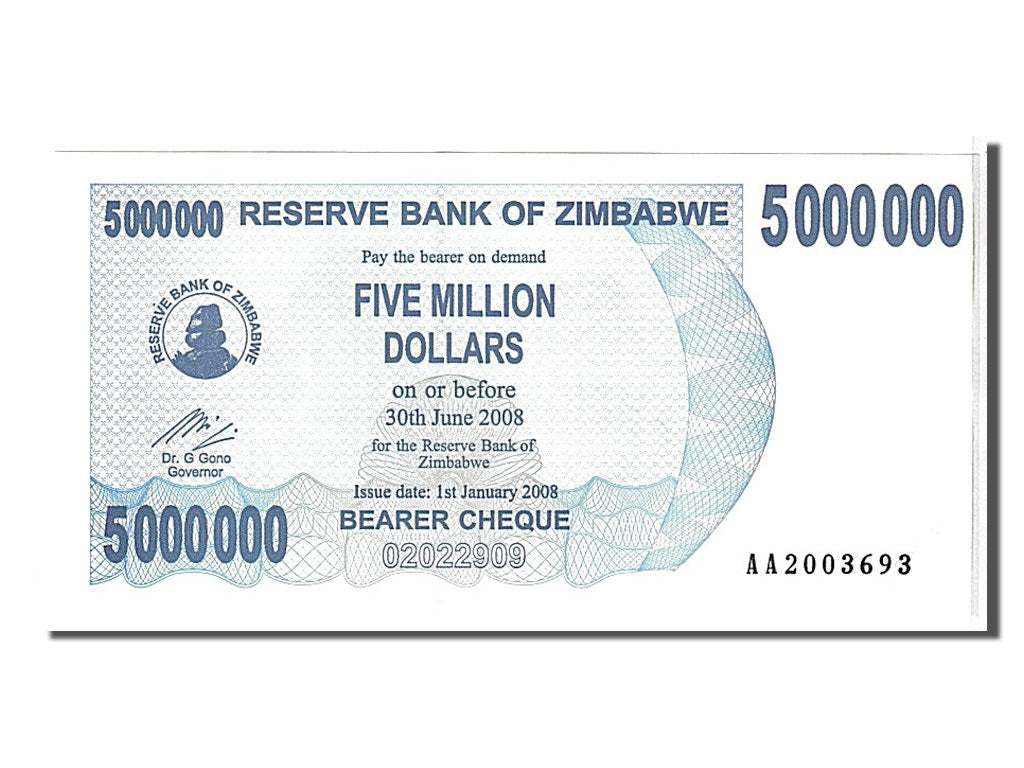 Billete, 5 MillionDollars, 2008, Zimbabue, KM:54, UNC