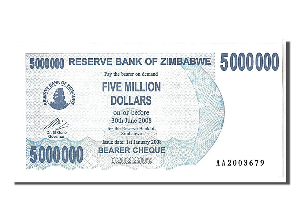 Billete, 5 MillionDollars, 2008, Zimbabue, KM:54, UNC