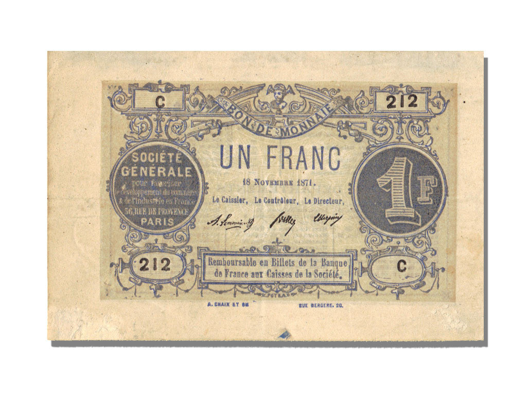 Banconote, SPL-, 1 Franc, 1871, Francia