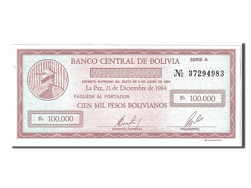 Banknote, Bolivia, 100,000 Pesos Bolivianos, 1984, UNC(65-70)