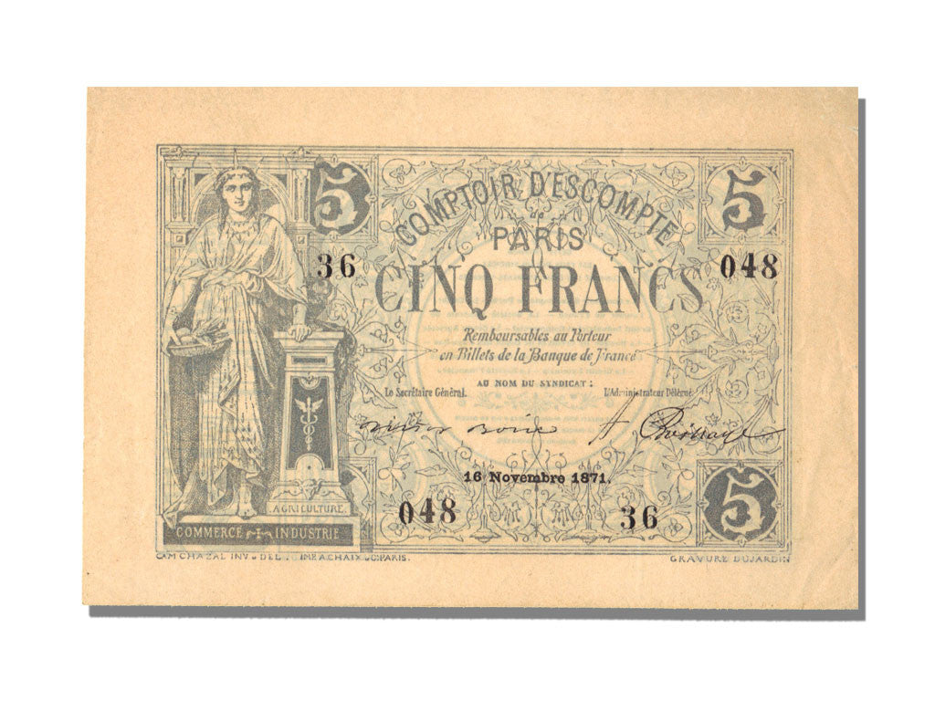 Geldschein, Frankreich, 5 Francs, 1871, UNZ