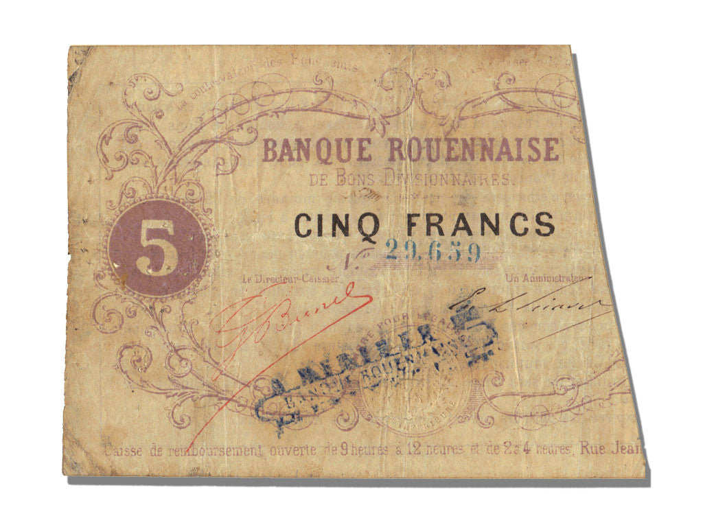 Banconote, BB, 5 Francs, 1870, Francia