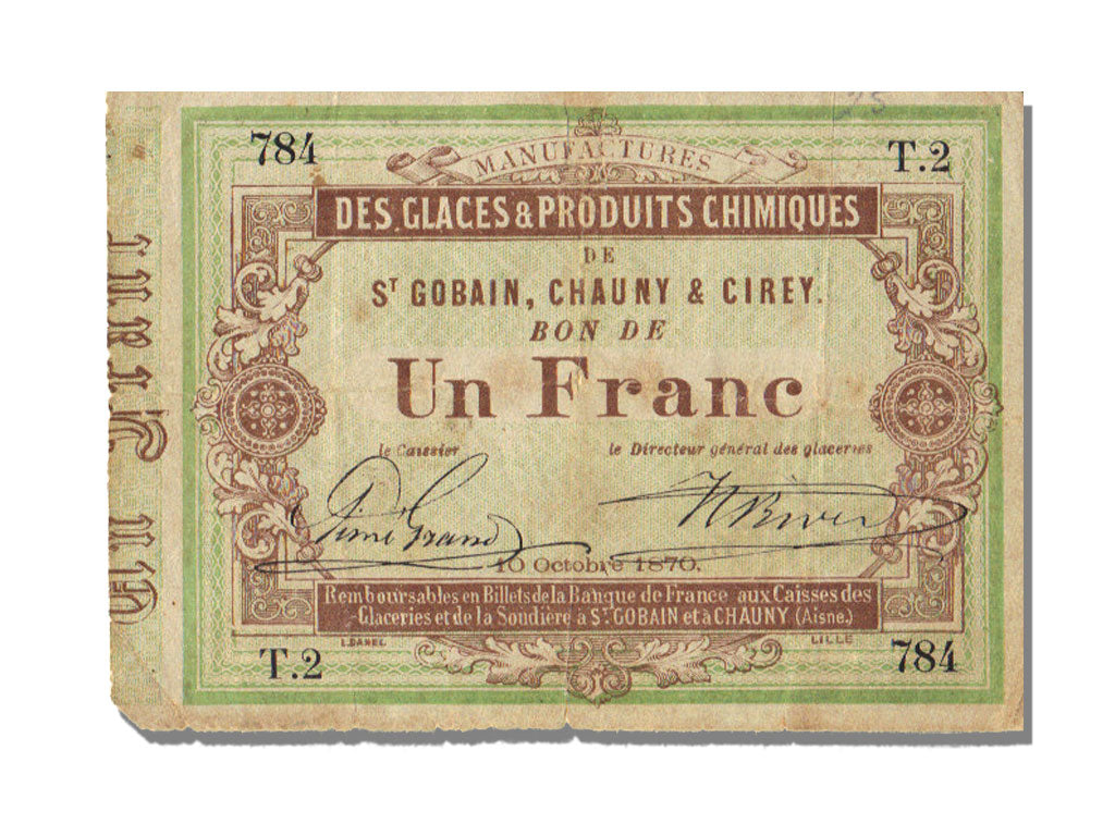 FRANCE, St Gobain, 1 Franc, 1870, 1870-10-10, EF(40-45), T.2, Jérémie #02.17.A