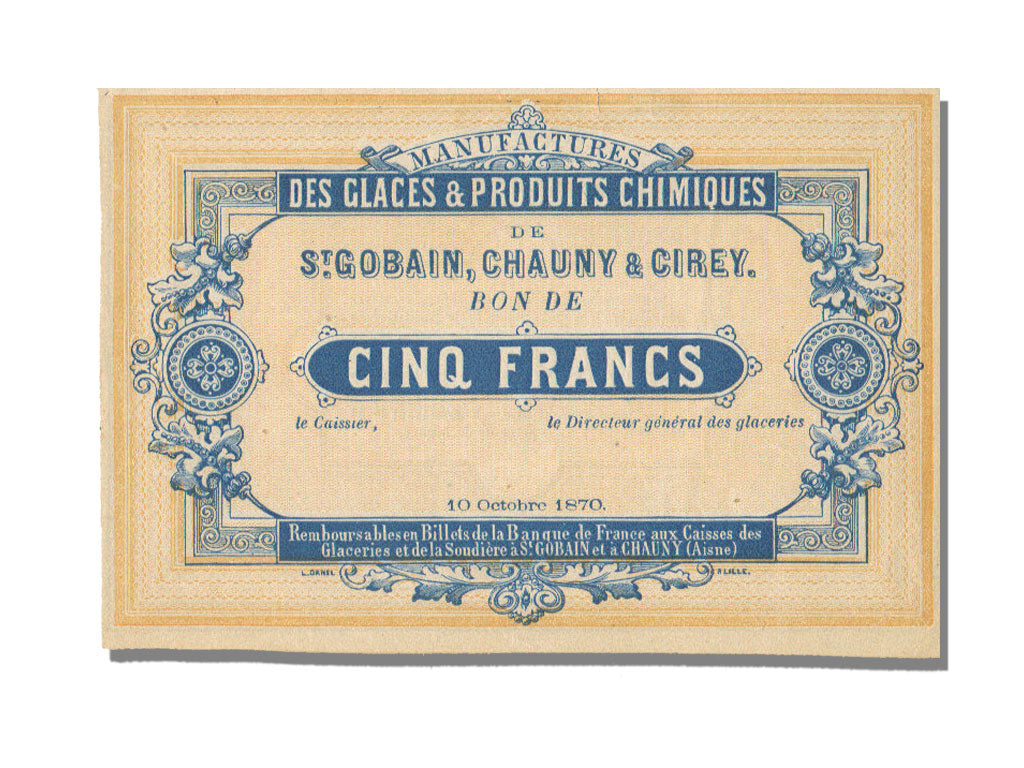 FRANCE, St Gobain, 5 Francs, 1870, 1870-10-10, UNC(63), Jérémie #02.17.B
