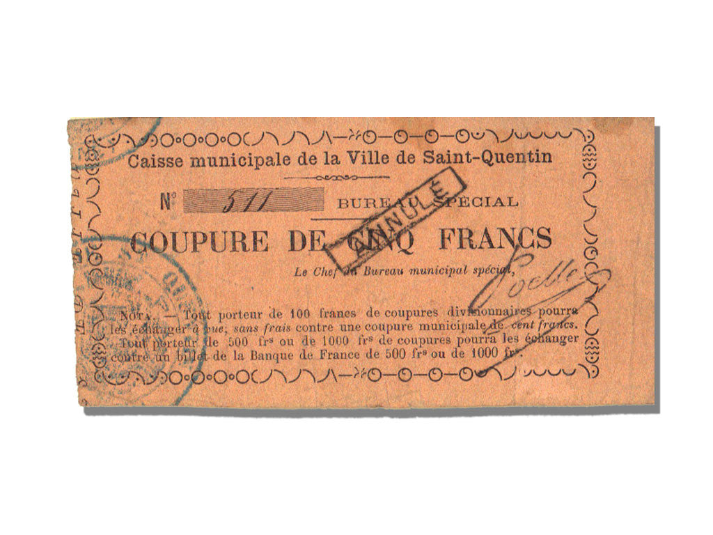 Banconote, BB+, 5 Francs, 1870, Francia