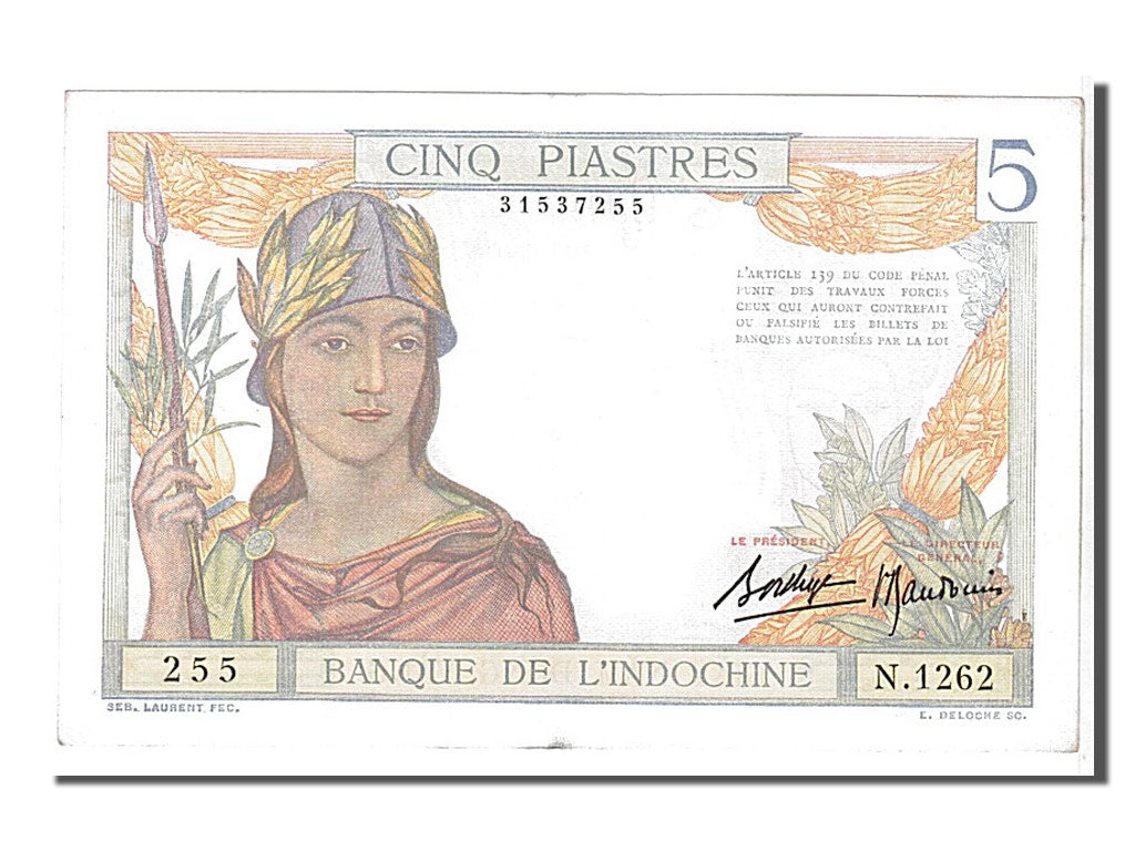 French Indo-China, 5 Piastres, 1932, KM #55b, UNC(63), N1262