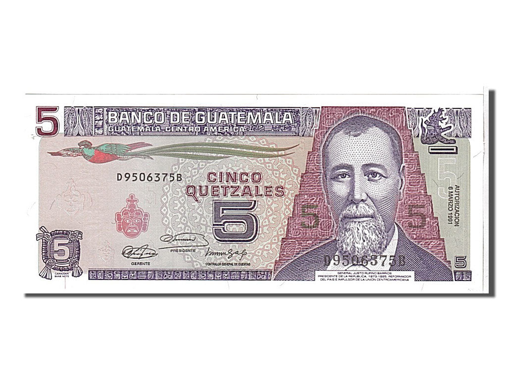 Banknote, Guatemala, 5 Quetzales, 1991, KM:74c, UNC(65-70)