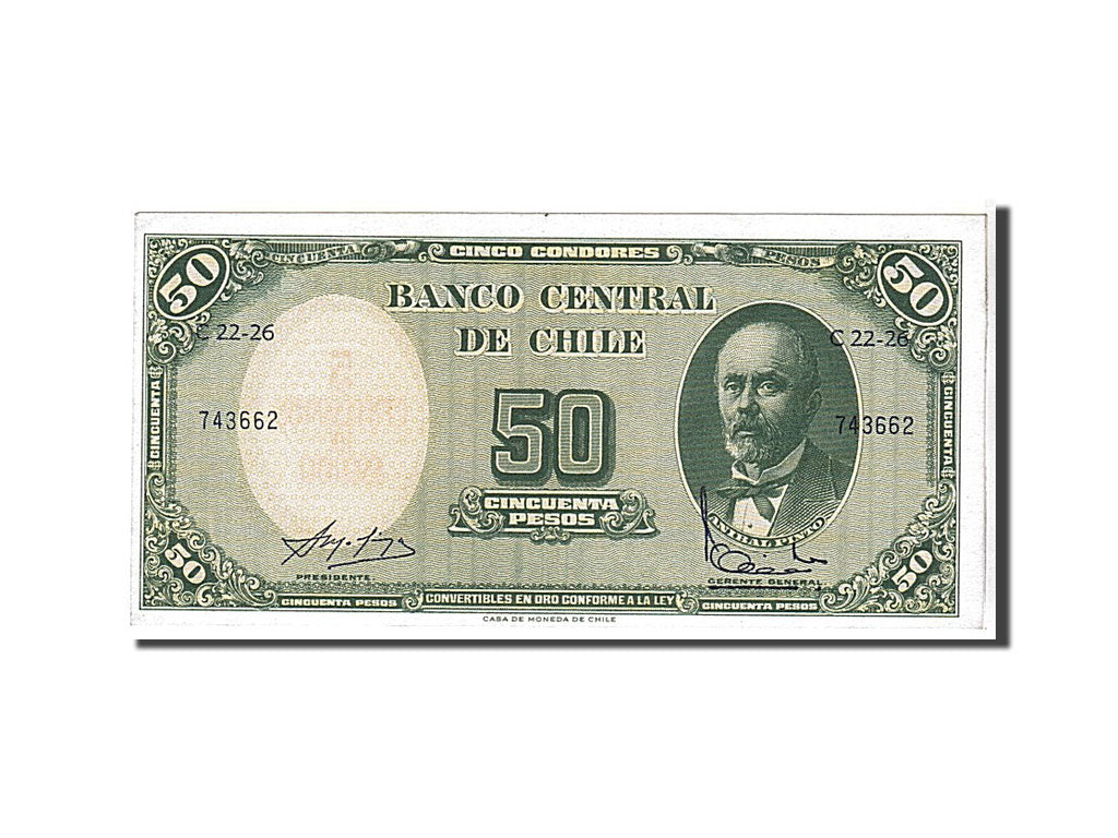 Banknote, Chile, 5 Centesimos on 50 Pesos, 1960, KM:126b, UNC(65-70)