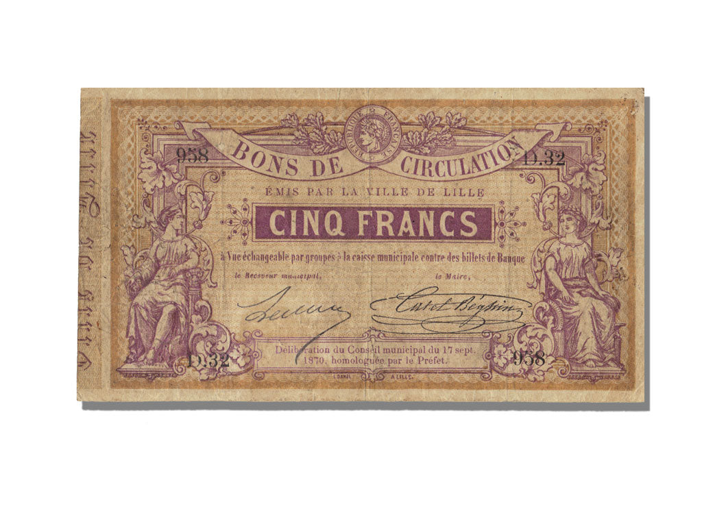 Banconote, BB+, 5 Francs, 1870, Francia