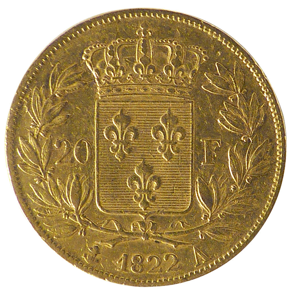 FRANCE, Louis XVIII, 20 Francs, 1822, Paris, KM #712.1, EF(40-45), Gold,...