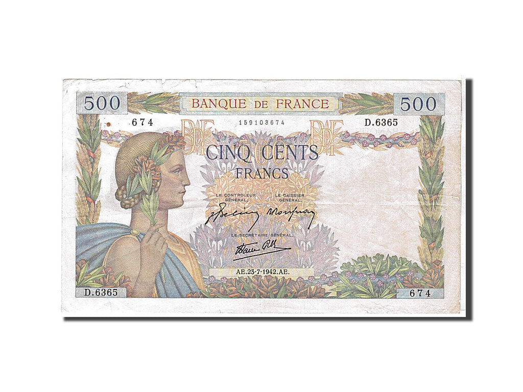 France, 500 Francs, 500 F 1940-1944 ''La Paix'', 1942, KM #95b, EF(40-45),...