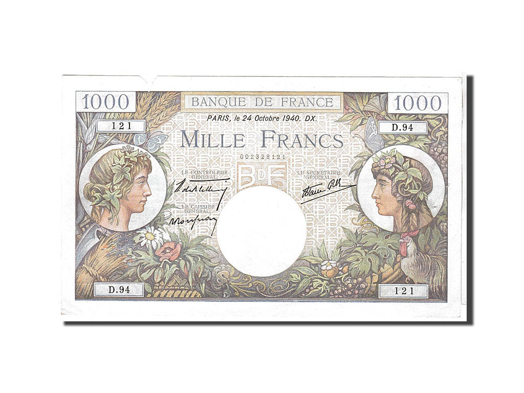France, 1000 Francs, 1 000 F 1940-1944 ''Commerce et Industrie'', 1940, KM...