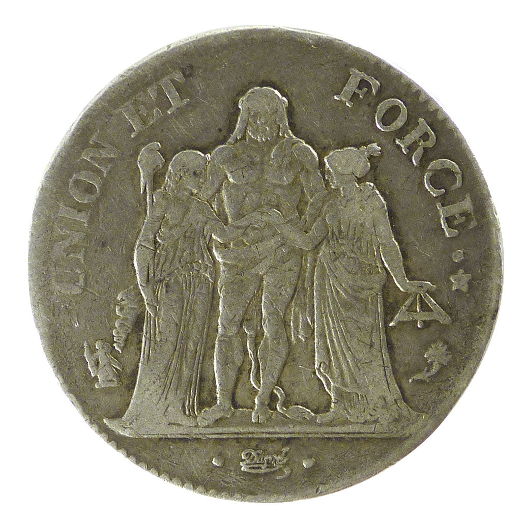 FRANCE, Union et Force, 5 Francs, 1795, Paris, AU(50-53), Silver, Gadoury #563,.