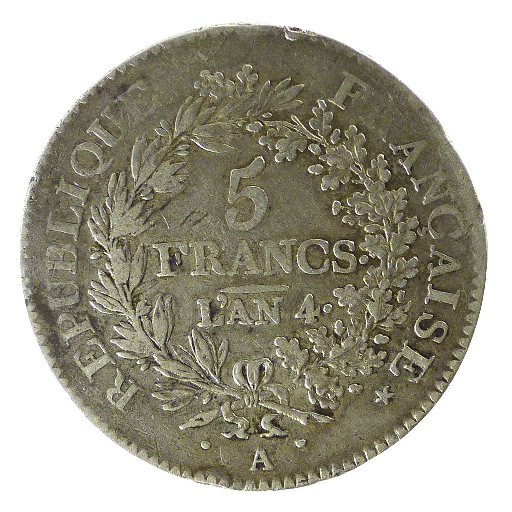 FRANCE, Union et Force, 5 Francs, 1795, Paris, AU(50-53), Silver, Gadoury #563,.