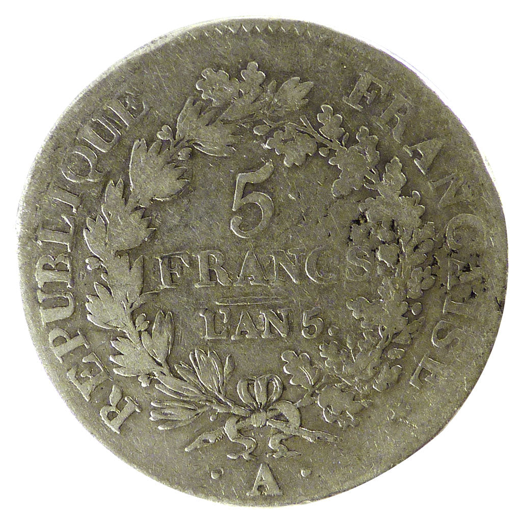 FRANCE, Union et Force, 5 Francs, 1796, Paris, KM #639.1, VF(20-25), Silver,...