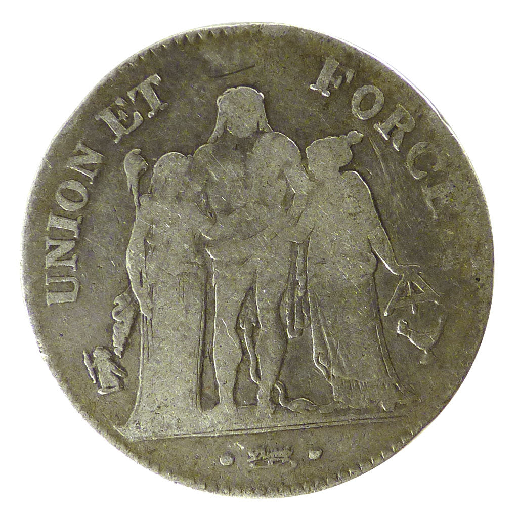 FRANCE, Union et Force, 5 Francs, 1796, Bordeaux, KM #639.5, VF(30-35), Silver,.