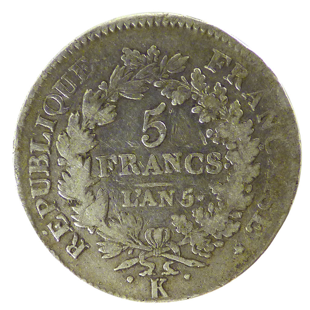 FRANCE, Union et Force, 5 Francs, 1796, Bordeaux, KM #639.5, VF(30-35), Silver,.