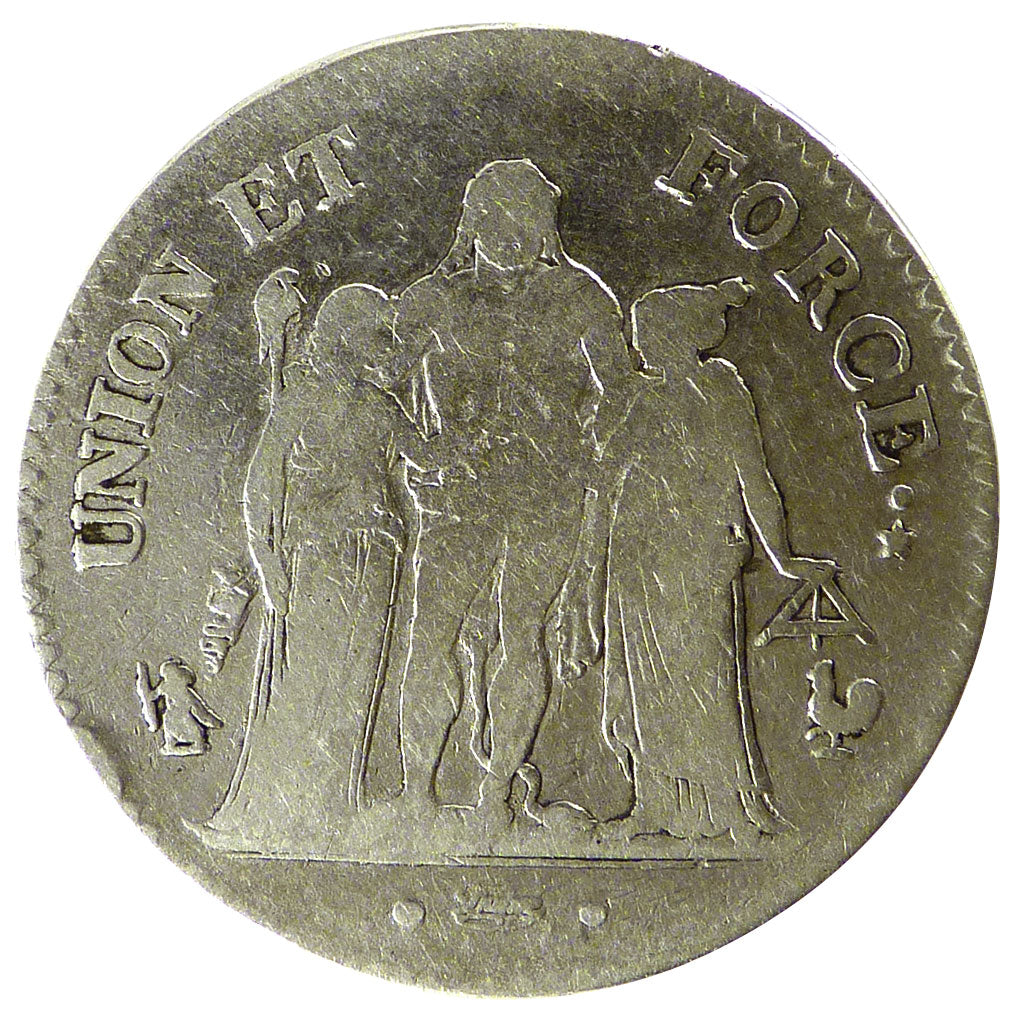 Francia, Union et Force, 5 Francs, 1799, Paris, B+, Argento, Gadoury:563a