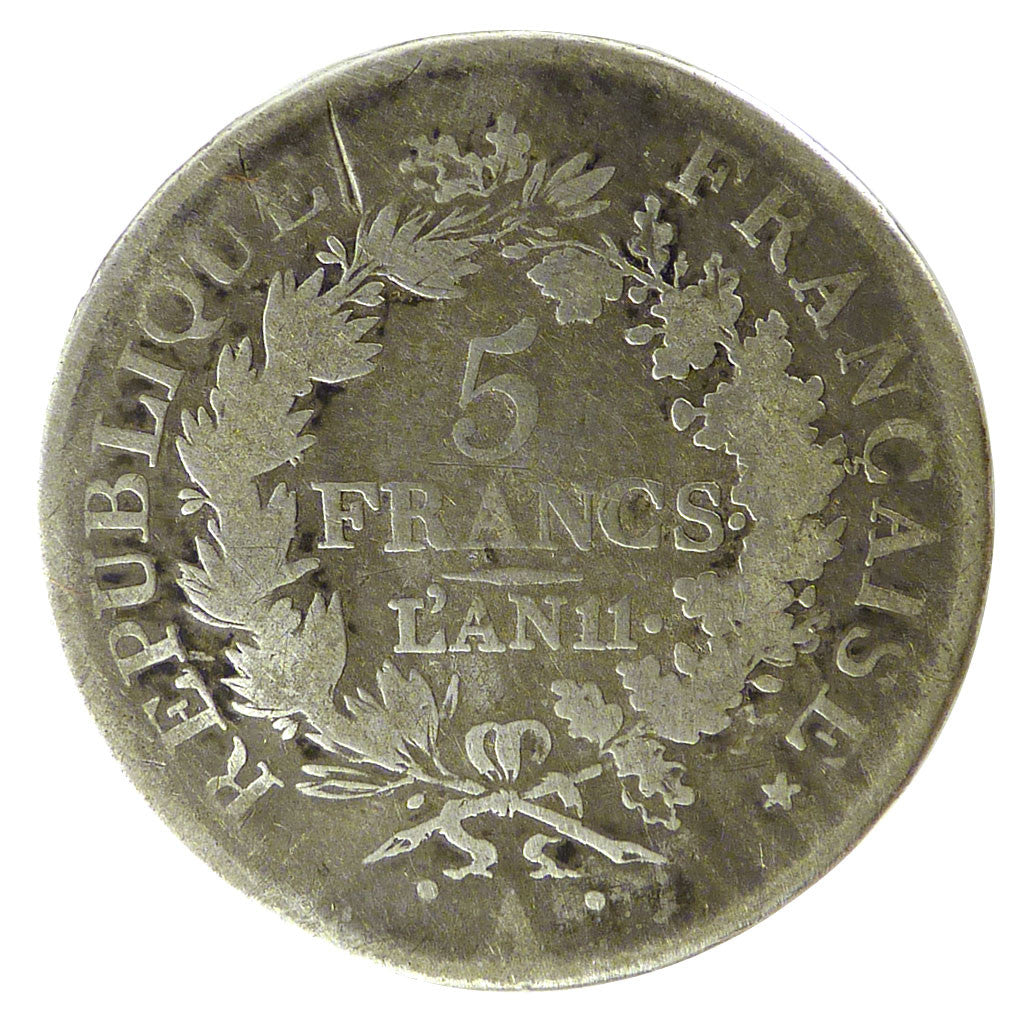 FRANCE, 5 Francs, 1802, Paris, KM #650.1, VF(20-25), Silver, Gadoury #563a,...