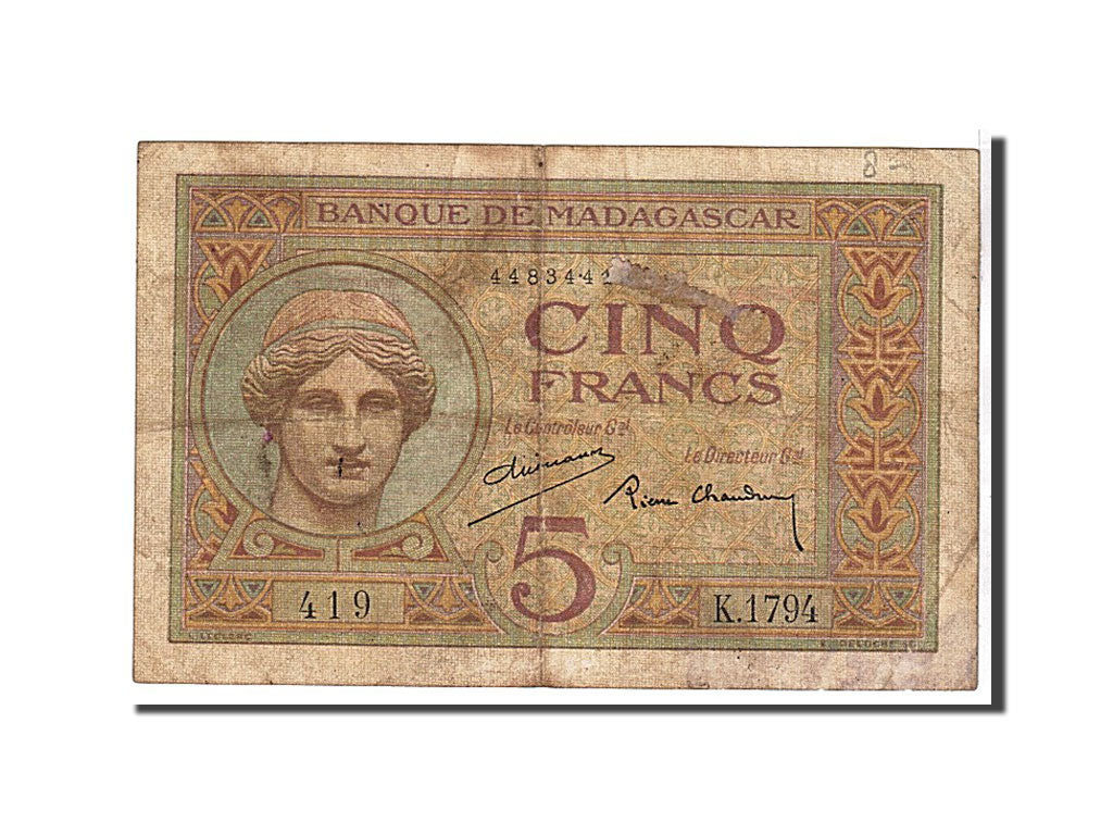Madagascar, 5 Francs, 1937, KM #35, VG(8-10), 419K1794