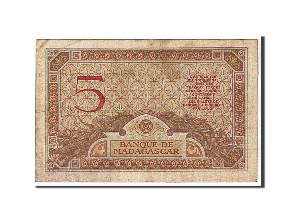 Madagascar, 5 Francs, 1937, KM #35, VG(8-10), 419K1794